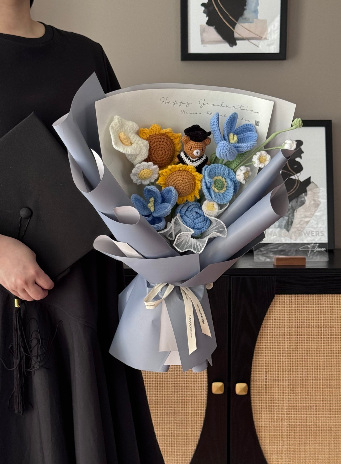 Crochet Graduation Bear Bouquet - Blue