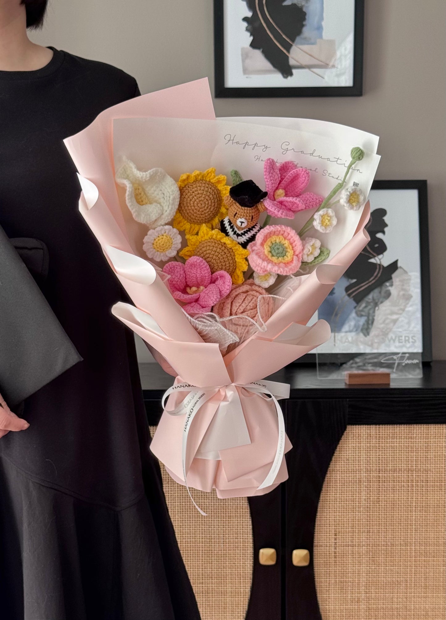Crochet Graduation Bear Bouquet - Pink