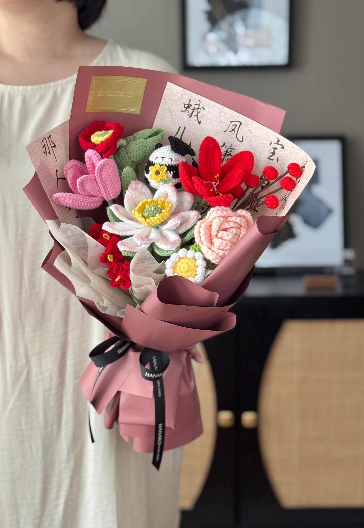 Oriental Lotus Crochet Panda Graduation Bouquet