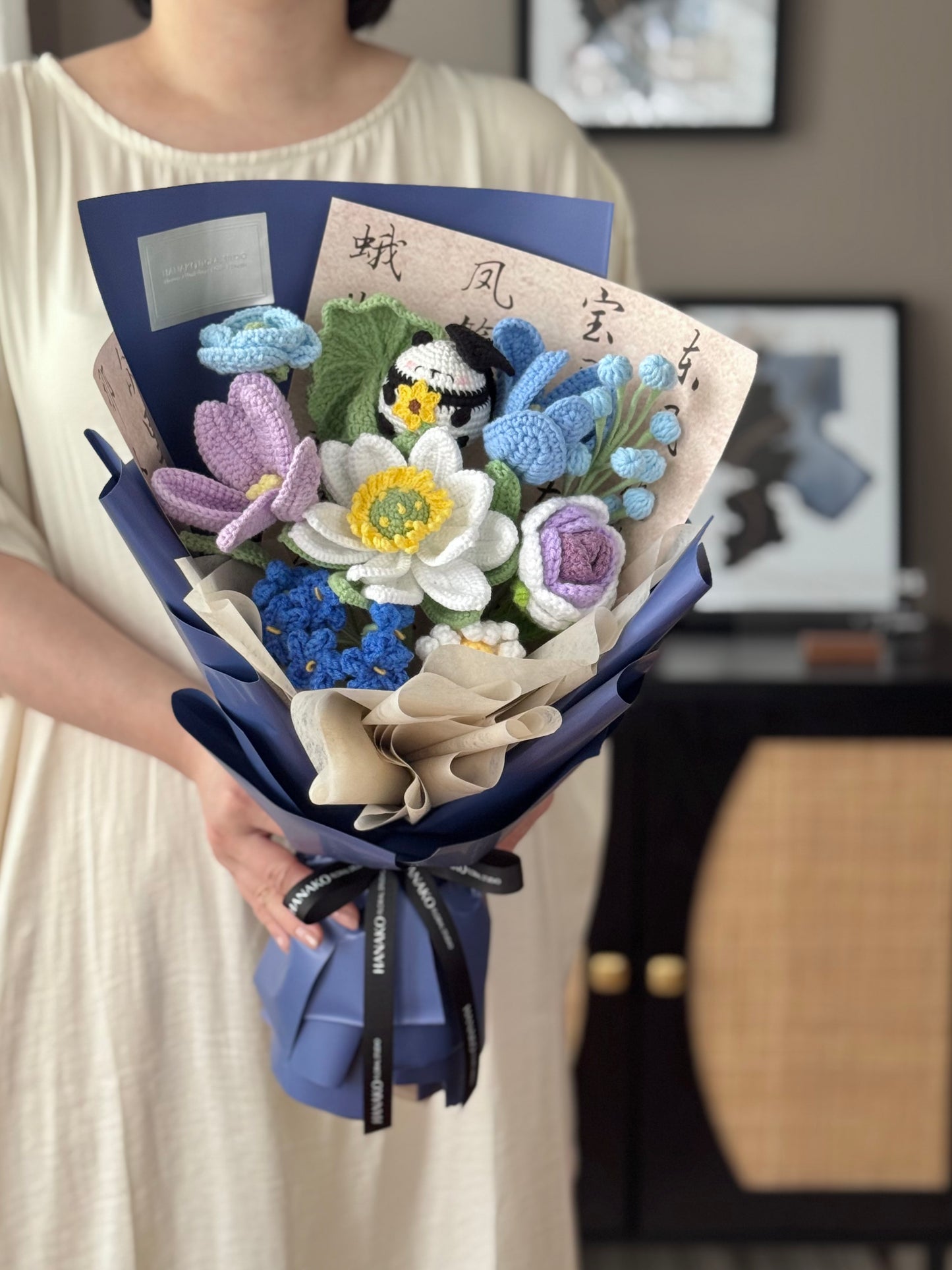 Oriental Lotus Crochet Panda Graduation Bouquet