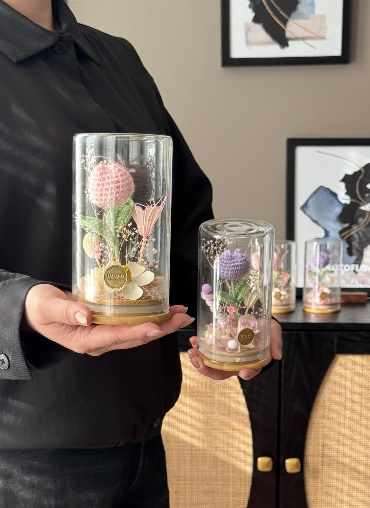 Crochet Tulip and Preserved Flower with Cloche