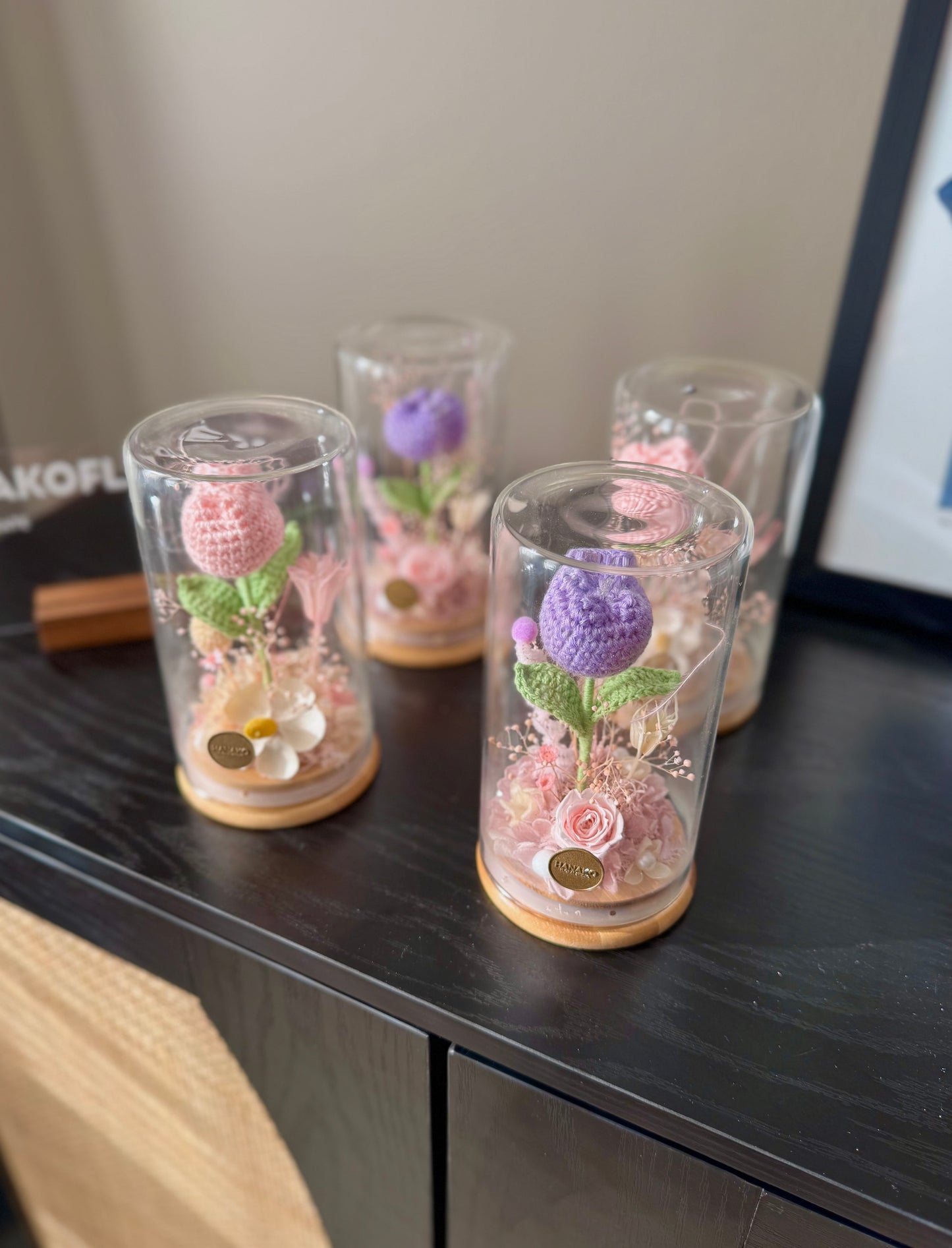 Crochet Tulip and Preserved Flower with Cloche